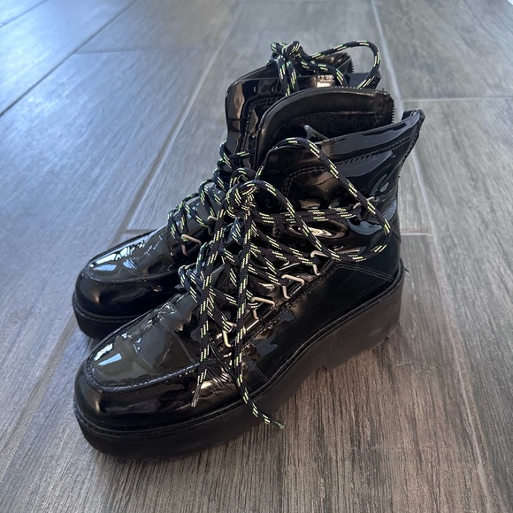 Stuart Weitzman Patent Lace Up Combat Boots, Size 7 - Picture 1 of 4